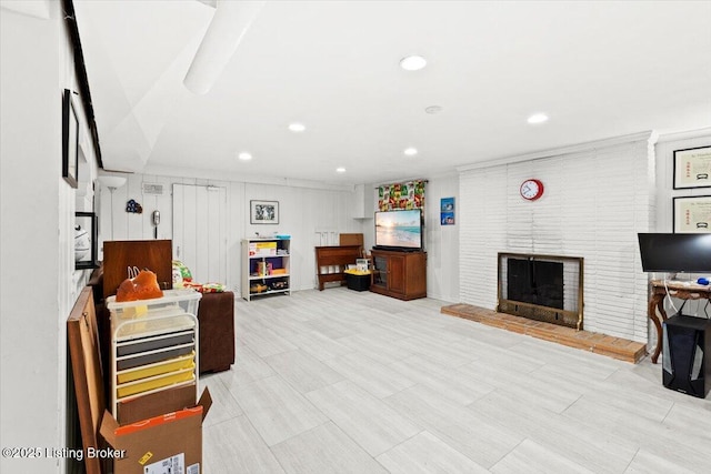 5612 Apache Rd, Louisville, KY 40207 - living area featuring a brick fireplace and recessed lighting