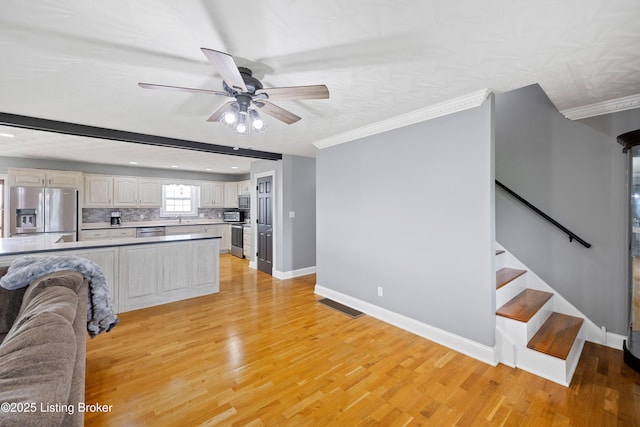 192 Loretto Rd, Springfield, KY 40069 - unfurnished living room featuring a ceiling fan, light wood-style flooring, stairway, ornamental molding, and recessed lighting