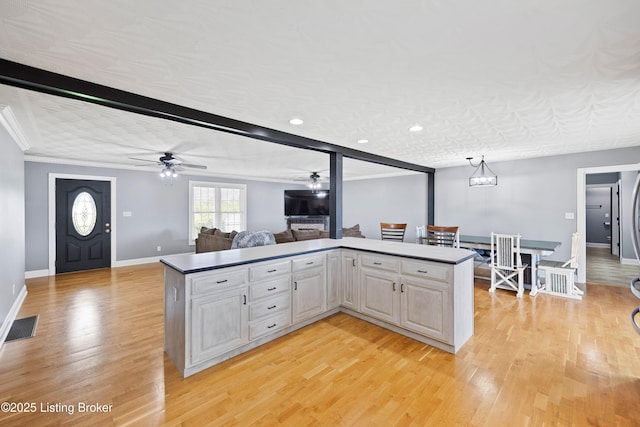 192 Loretto Rd, Springfield, KY 40069 - kitchen featuring ceiling fan, light wood finished floors, open floor plan, crown molding, and a kitchen island