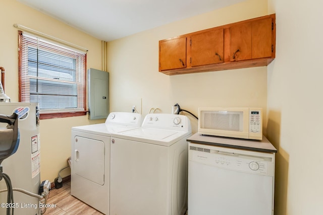 1721 S 4th St, Louisville, KY 40208 - laundry room featuring cabinet space, water heater, washing machine and clothes dryer, electric panel, and light wood finished floors