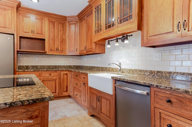 2990 Cedar Grove Rd, Shepherdsville, KY 40165 - kitchen featuring dishwasher, black electric cooktop, dark stone counters, and freestanding refrigerator