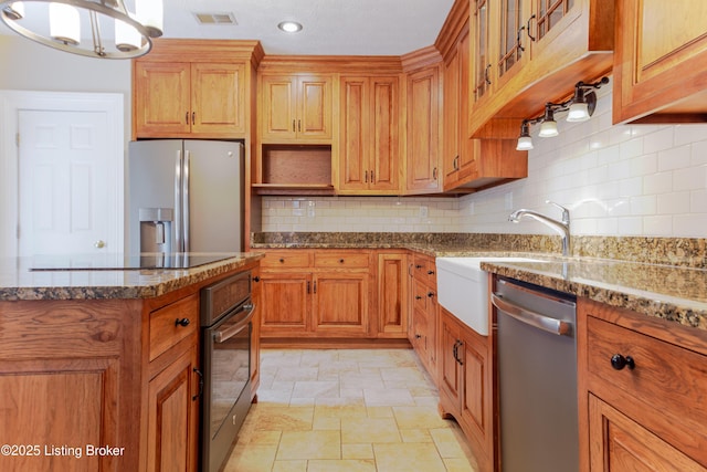 2990 Cedar Grove Rd, Shepherdsville, KY 40165 - kitchen with black appliances, stone tile floors, open shelves, brown cabinets, and recessed lighting