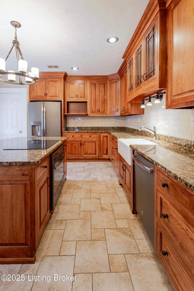 2990 Cedar Grove Rd, Shepherdsville, KY 40165 - kitchen featuring black appliances, brown cabinets, stone tile floors, open shelves, and a textured ceiling
