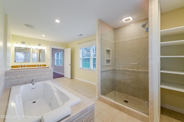 2990 Cedar Grove Rd, Shepherdsville, KY 40165 - bathroom featuring a jetted tub, a stall shower, tile patterned flooring, vanity, and recessed lighting