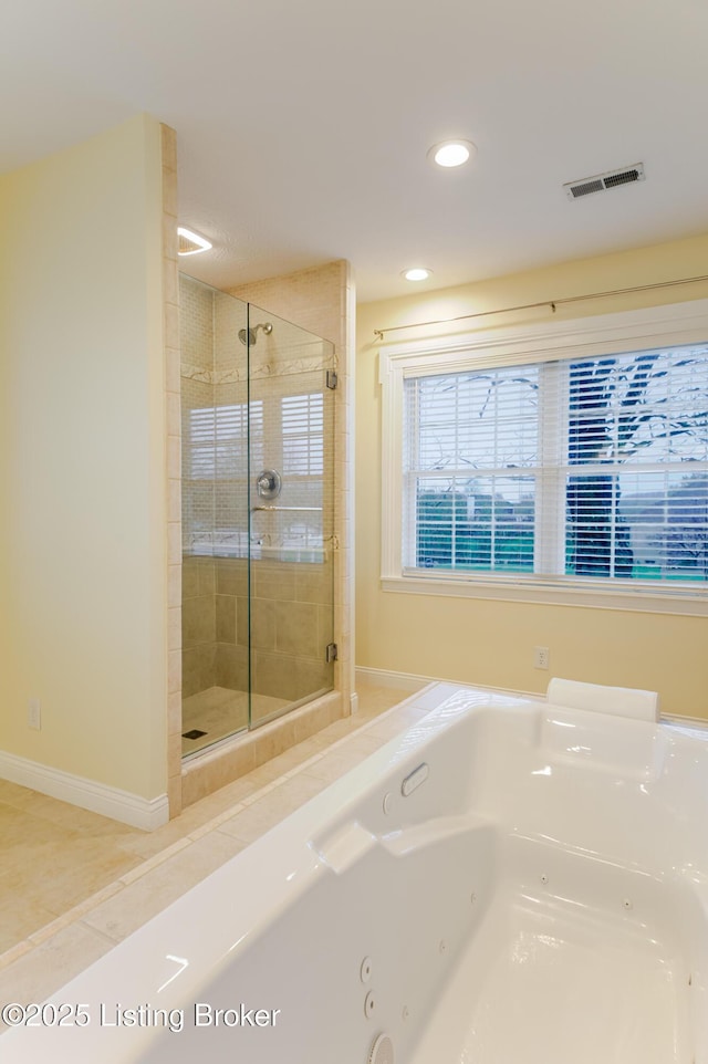 2990 Cedar Grove Rd, Shepherdsville, KY 40165 - full bathroom with a stall shower, recessed lighting, a whirlpool tub, and tile patterned flooring