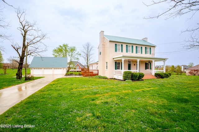 2990 Cedar Grove Rd, Shepherdsville, KY 40165 - view of front of home featuring a chimney, a porch, a detached garage, an outdoor structure, and a front lawn