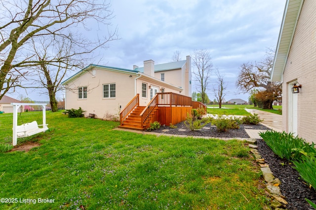 2990 Cedar Grove Rd, Shepherdsville, KY 40165 - back of house featuring a deck, a lawn, a chimney, and stairway