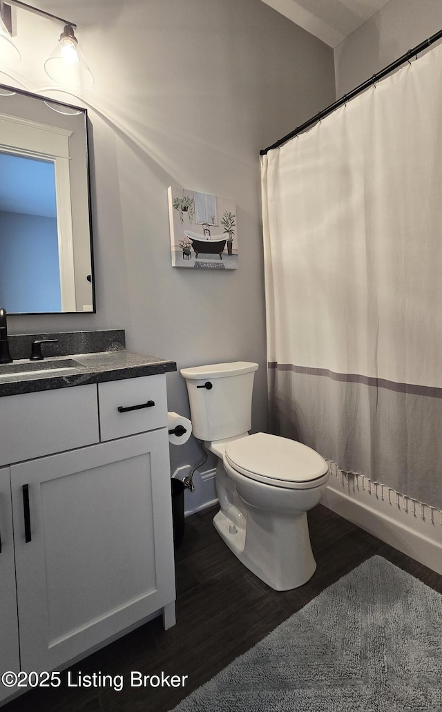 6015 St Bernadette Ave, Prospect, KY 40059 - bathroom featuring wood finished floors, vanity, and curtained shower