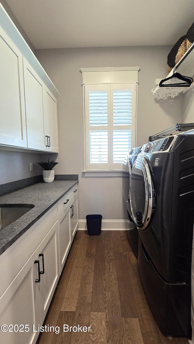 6015 St Bernadette Ave, Prospect, KY 40059 - washroom featuring dark wood-type flooring, cabinet space, and separate washer and dryer