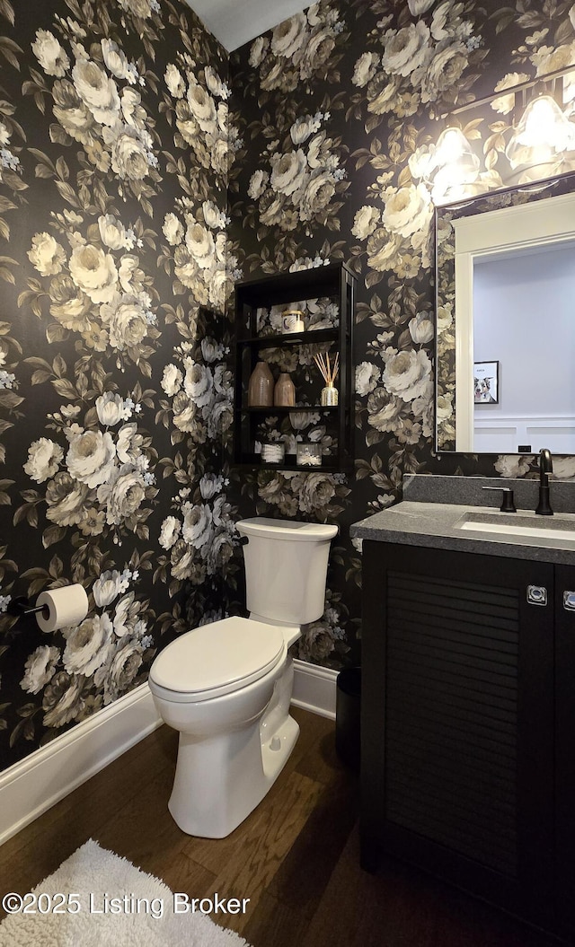 6015 St Bernadette Ave, Prospect, KY 40059 - half bath featuring wallpapered walls, wood finished floors, and vanity