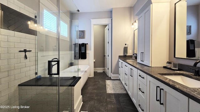 6015 St Bernadette Ave, Prospect, KY 40059 - bathroom featuring double vanity, a stall shower, and a soaking tub