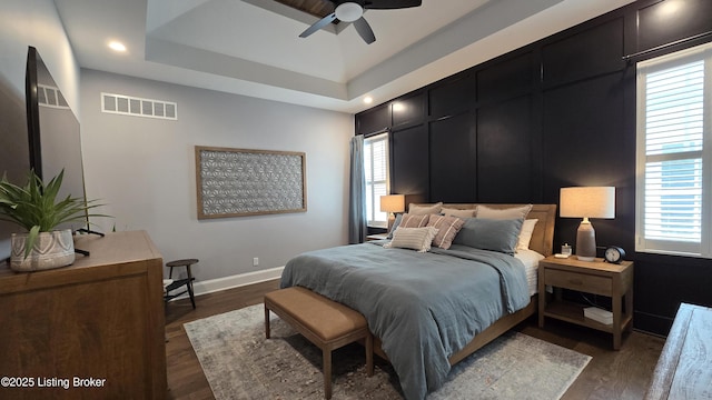 6015 St Bernadette Ave, Prospect, KY 40059 - bedroom featuring dark wood finished floors, ceiling fan, and a tray ceiling