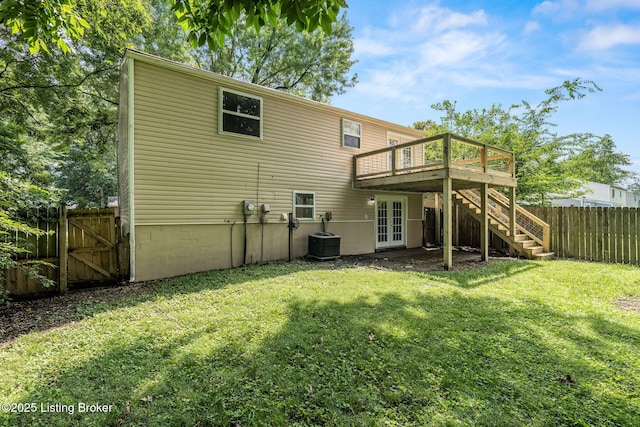 3619 Endeavor Way, Louisville, KY 40219 - rear view of property featuring french doors, stairway, a wooden deck, a fenced backyard, and a gate