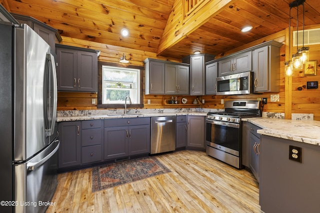 1946 Drane Ln, Eminence, KY 40019 - kitchen featuring appliances with stainless steel finishes, light wood-style floors, gray cabinetry, a wood ceiling with exposed beams, and wood walls
