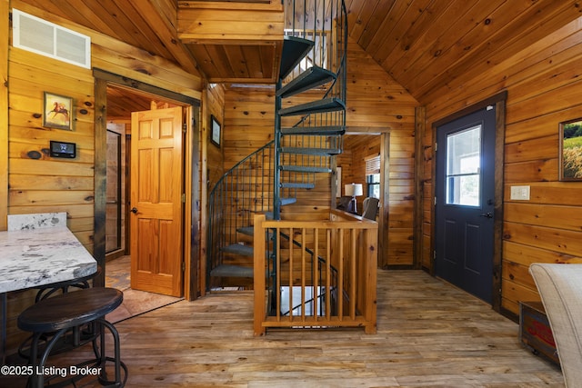 1946 Drane Ln, Eminence, KY 40019 - entryway with wood walls, vaulted ceiling, stairs, wooden ceiling, and hardwood / wood-style flooring