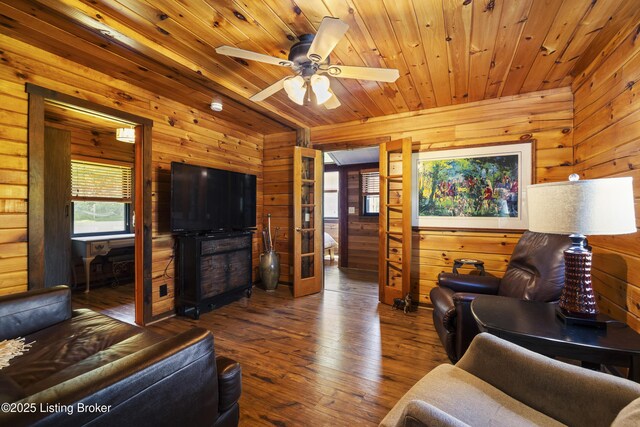 1946 Drane Ln, Eminence, KY 40019 - living room with wood walls, hardwood / wood-style flooring, ceiling fan, and wood ceiling