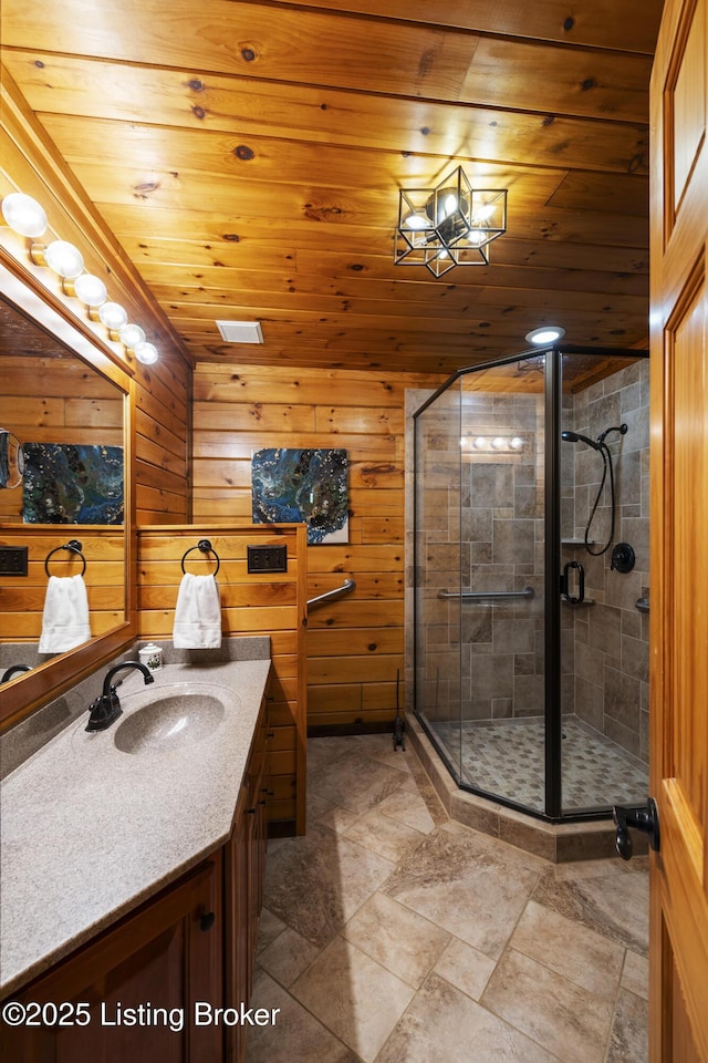 1946 Drane Ln, Eminence, KY 40019 - full bath with vanity, wood ceiling, a shower stall, wooden walls, and a chandelier