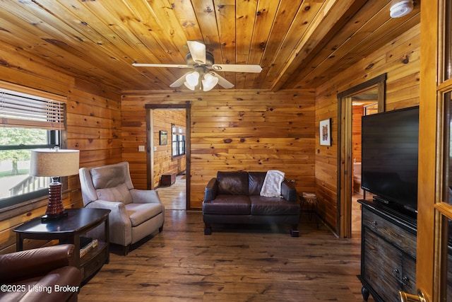 1946 Drane Ln, Eminence, KY 40019 - living area featuring wooden ceiling, wood walls, hardwood / wood-style floors, and a ceiling fan