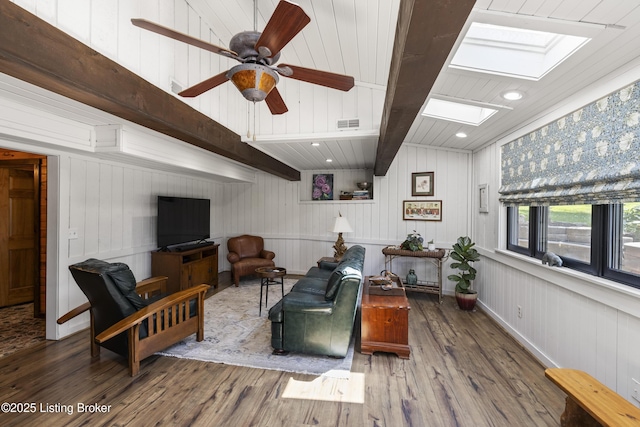 1946 Drane Ln, Eminence, KY 40019 - living area featuring a skylight, wood finished floors, ceiling fan, recessed lighting, and a wooden ceiling with exposed beams