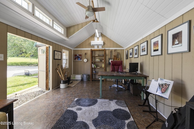 1946 Drane Ln, Eminence, KY 40019 - office space featuring lofted ceiling, a ceiling fan, and wooden walls