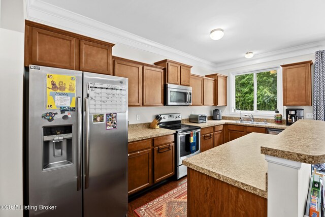 13420 Cain Ln, Louisville, KY 40245 - kitchen with appliances with stainless steel finishes, crown molding, light countertops, and brown cabinets