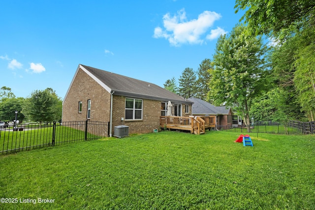 13420 Cain Ln, Louisville, KY 40245 - back of property with brick siding, a fenced backyard, and a deck