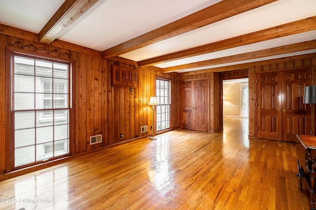 3920 Elfin Ave, Louisville, KY 40207 - unfurnished room featuring beamed ceiling, wood walls, and light wood-type flooring