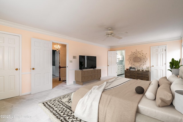 3920 Elfin Ave, Louisville, KY 40207 - bedroom featuring crown molding, light colored carpet, a chandelier, a ceiling fan, and connected bathroom
