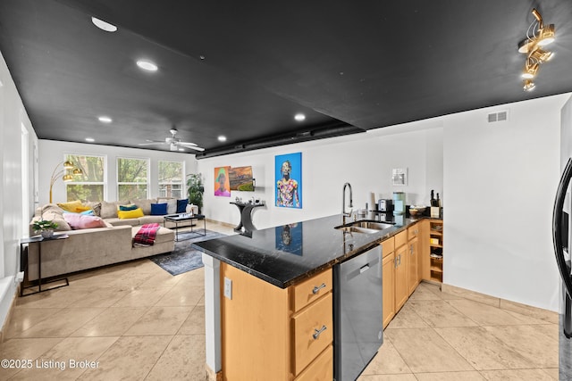 953 Baxter Ave Unit 101, Louisville, KY 40204 - kitchen with stainless steel dishwasher, light tile patterned flooring, recessed lighting, ceiling fan, and a peninsula