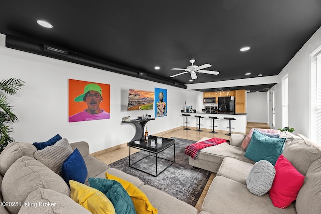 953 Baxter Ave Unit 101, Louisville, KY 40204 - living area featuring light tile patterned floors, a ceiling fan, and recessed lighting