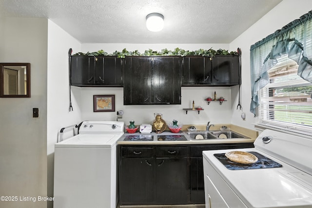 11003 Thunder Dr, Louisville, KY 40272 - kitchen with washer / dryer, dark cabinets, light countertops, and a textured ceiling