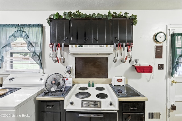 11003 Thunder Dr, Louisville, KY 40272 - kitchen with washer / clothes dryer, range hood, dark cabinetry, light countertops, and range