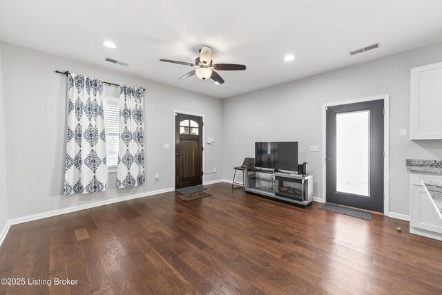 930 York St, Newport, KY 41071 - unfurnished living room featuring a ceiling fan, wood finished floors, recessed lighting, and a fireplace
