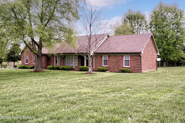 4401 Greenhaven Ln, Goshen, KY 40026 - ranch-style home with brick siding, a front lawn, and roof with shingles