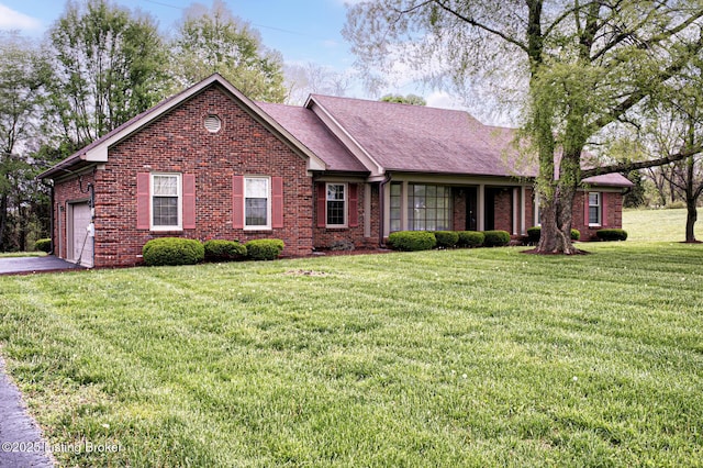 4401 Greenhaven Ln, Goshen, KY 40026 - ranch-style home featuring brick siding, an attached garage, a front lawn, and driveway
