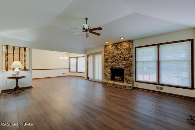 4401 Greenhaven Ln, Goshen, KY 40026 - unfurnished living room with a ceiling fan, vaulted ceiling, a fireplace, a chandelier, and wood finished floors