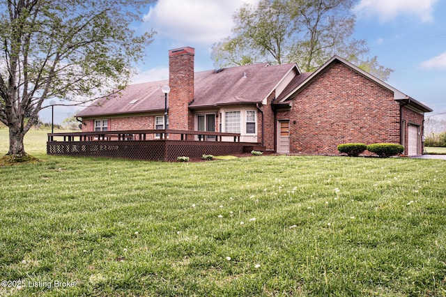4401 Greenhaven Ln, Goshen, KY 40026 - back of property featuring brick siding, a wooden deck, a lawn, and an attached garage