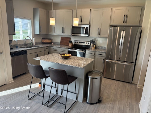 4021 White Pine Ln, La Grange, KY 40031 - kitchen with stainless steel appliances, light wood-style floors, a kitchen bar, and gray cabinets