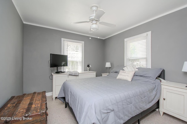 129 E Park Pl, Jeffersonville, IN 47130 - bedroom with light colored carpet, multiple windows, ornamental molding, and ceiling fan