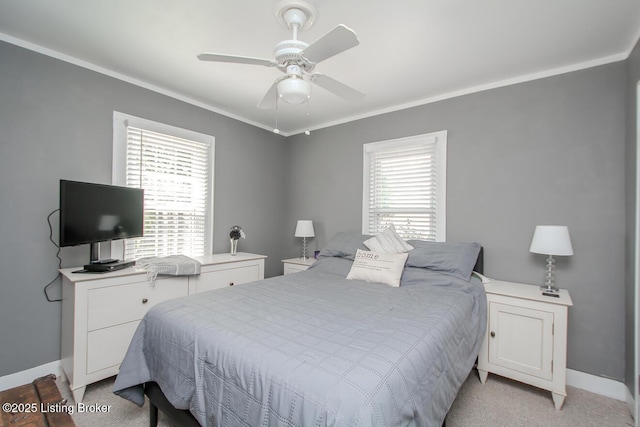 129 E Park Pl, Jeffersonville, IN 47130 - bedroom with light colored carpet, ornamental molding, and a ceiling fan