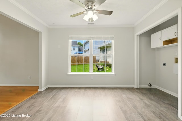 11411 Catalpa View Ct, Louisville, KY 40299 - laundry room featuring hookup for an electric dryer, light wood finished floors, ornamental molding, and a ceiling fan