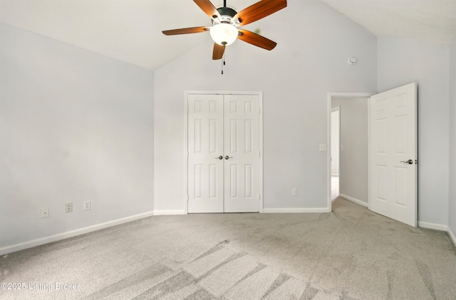 11411 Catalpa View Ct, Louisville, KY 40299 - unfurnished bedroom featuring carpet floors, high vaulted ceiling, a closet, and a ceiling fan