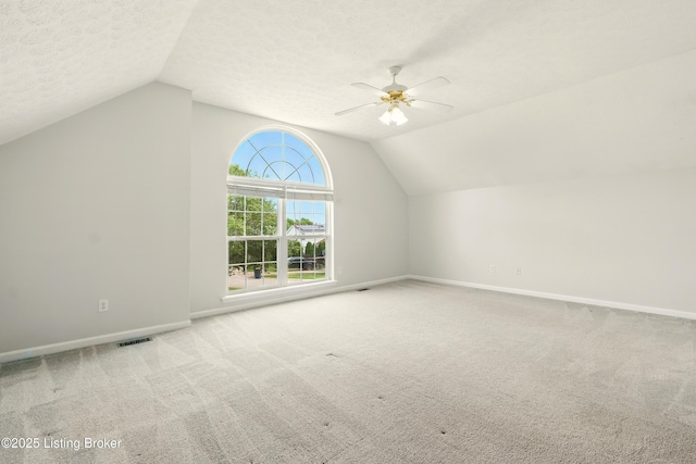 11411 Catalpa View Ct, Louisville, KY 40299 - additional living space featuring vaulted ceiling, ceiling fan, carpet floors, and a textured ceiling