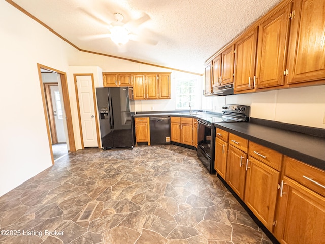 77 Old Ky 259th Rd, Mcdaniels, KY 40152 - kitchen with black appliances, vaulted ceiling, dark countertops, brown cabinetry, and dark stone finish floors