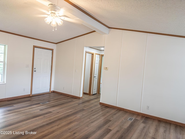 77 Old Ky 259th Rd, Mcdaniels, KY 40152 - unfurnished room with wood finished floors, ceiling fan, crown molding, a textured ceiling, and a decorative wall