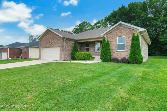 122 Appletree Way, Shelbyville, KY 40065 - ranch-style house featuring a garage, brick siding, driveway, and a front lawn