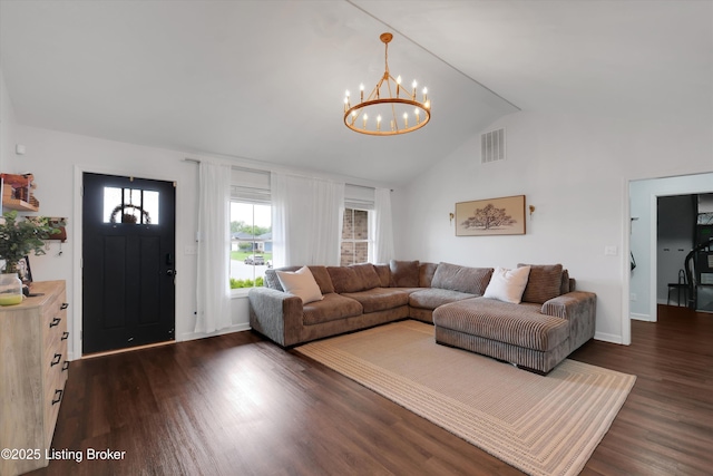 122 Appletree Way, Shelbyville, KY 40065 - living area featuring a chandelier, dark wood-style flooring, and high vaulted ceiling