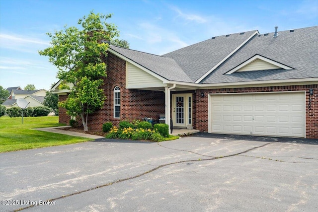 11300 Rdg Lake Dr, Louisville, KY 40272 - view of front of property featuring brick siding, driveway, an attached garage, a front lawn, and a chimney