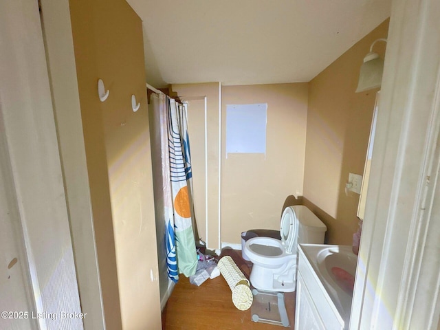 9036 Main St, Campbellsburg, KY 40011 - bathroom featuring vanity, wood finished floors, and curtained shower