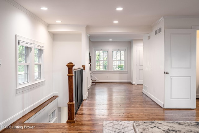4022 Hycliffe Ave, Louisville, KY 40207 - hallway with wood finished floors, ornamental molding, and recessed lighting